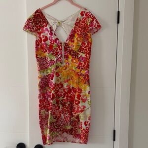 Guess Multicolor Floral V-Neck Mini Dress in Red, Pink, Orange, Green